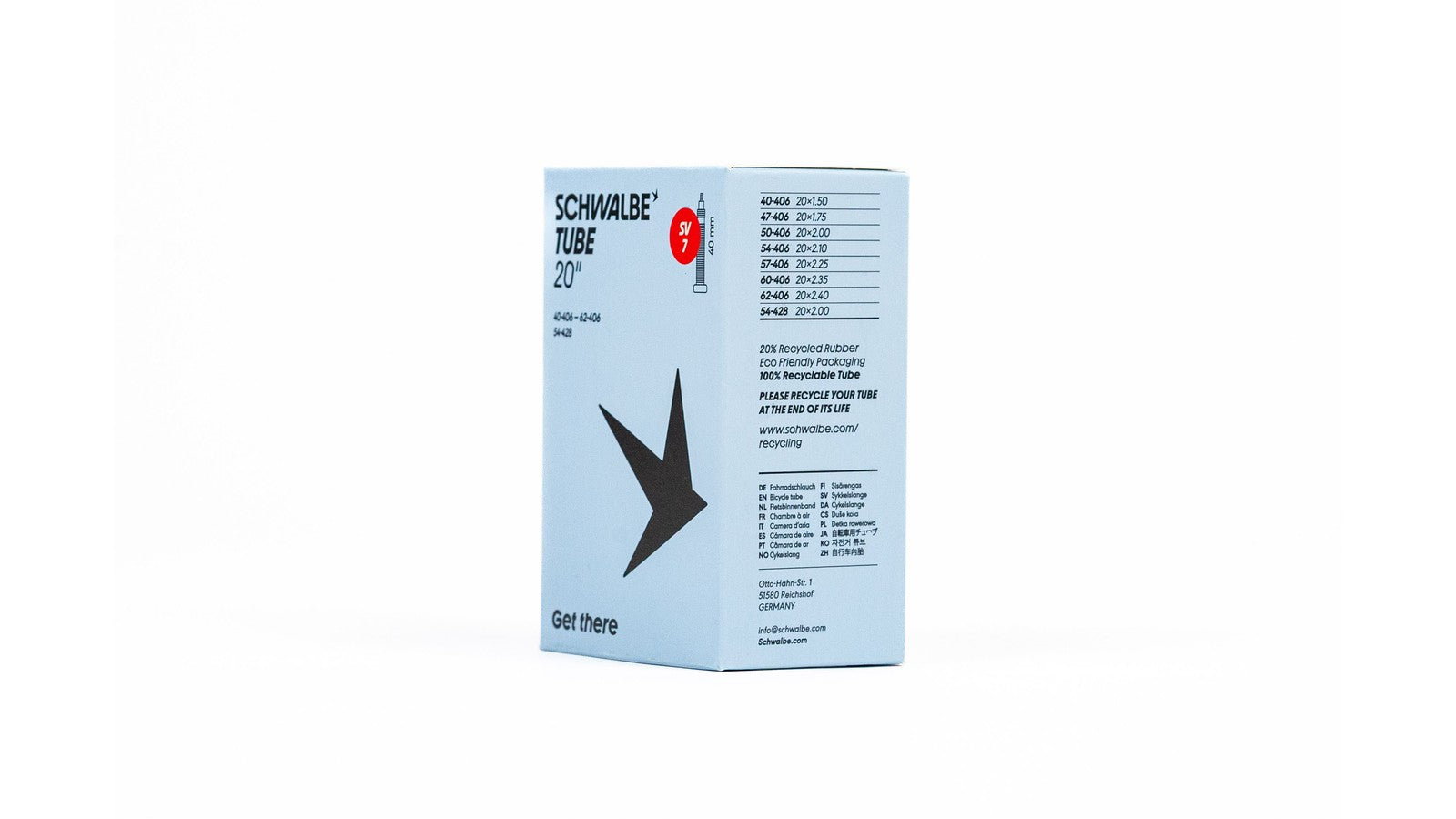 Chambre a air Schwalbe 20 pouces avec valve Presta et Schrader 40 mm pour velo