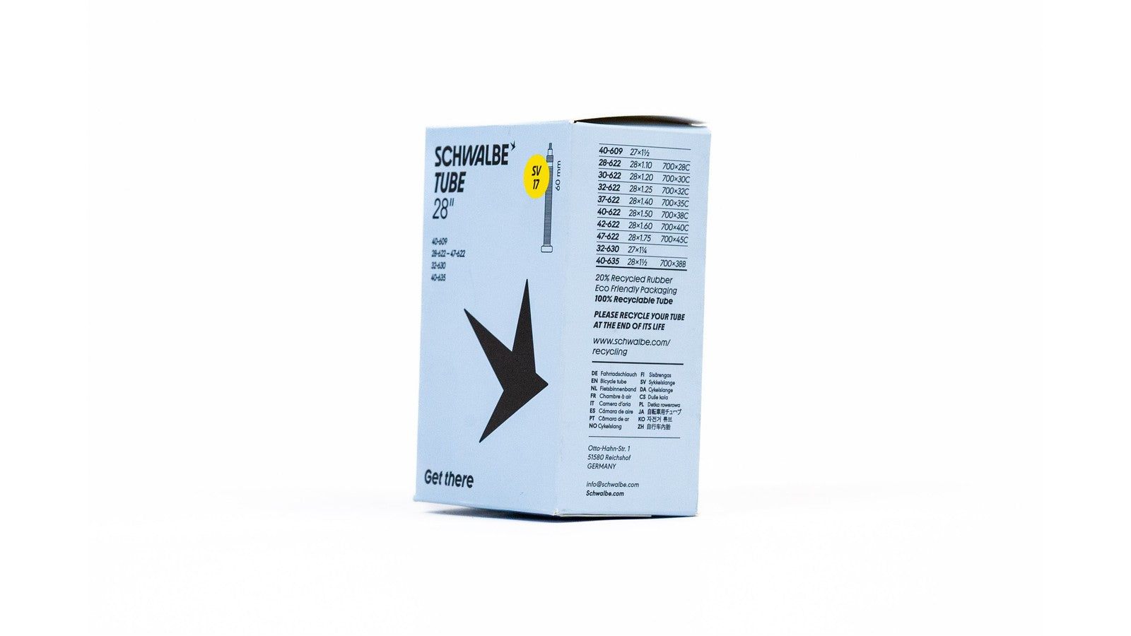 Emballage chambre a air Schwalbe 700 29 pouces avec valve Presta et Schrader 60 mm pour velo